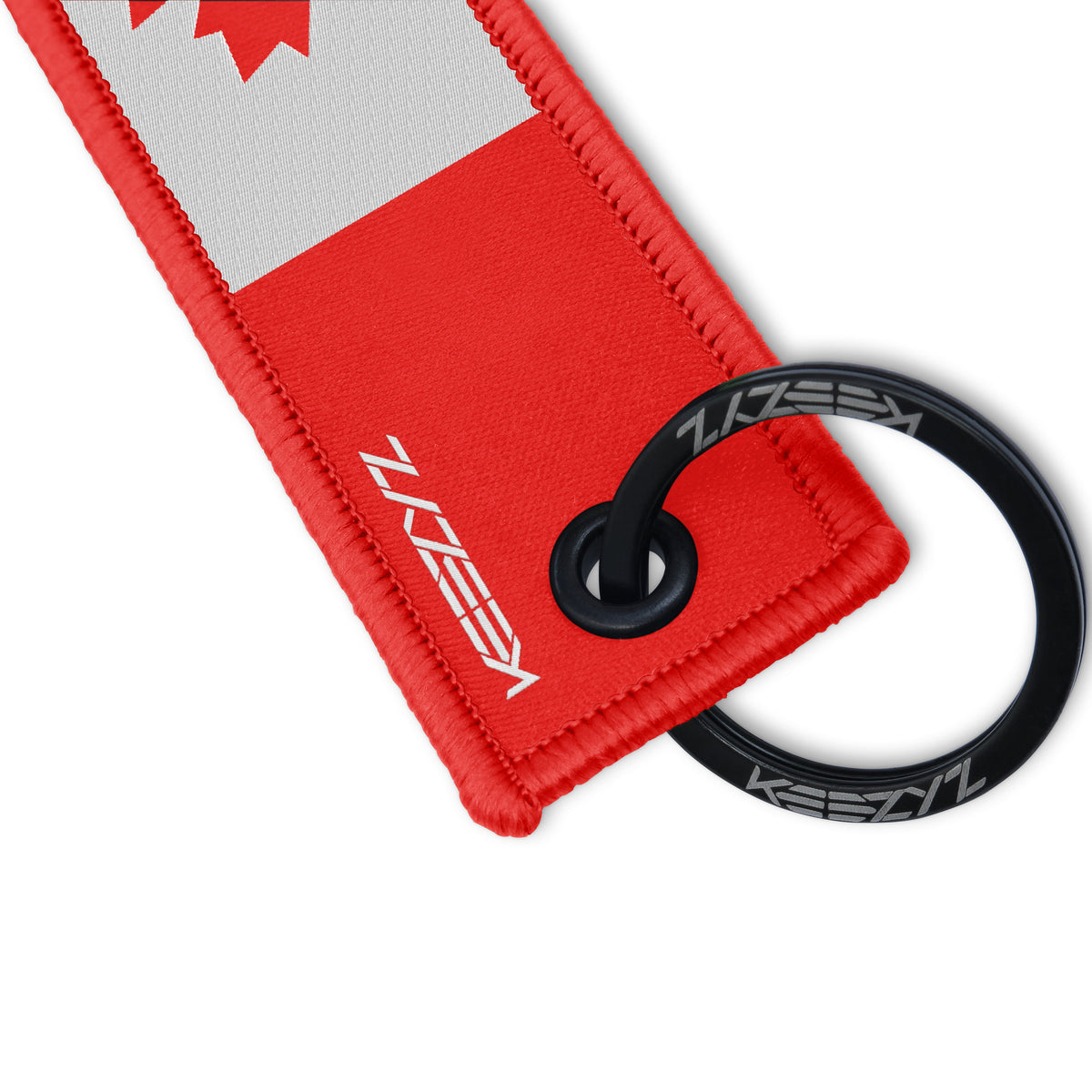 Close-up of the Keezyz Canada Flag keychain with Red border