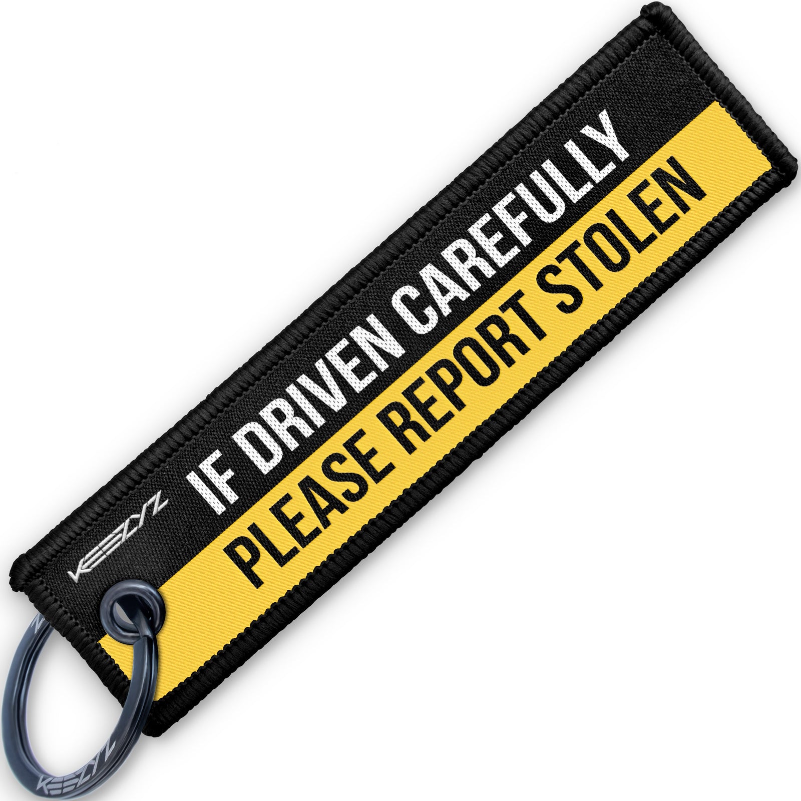 Keezyz If Driven Carefully Please Report Stolen keychain with Black border