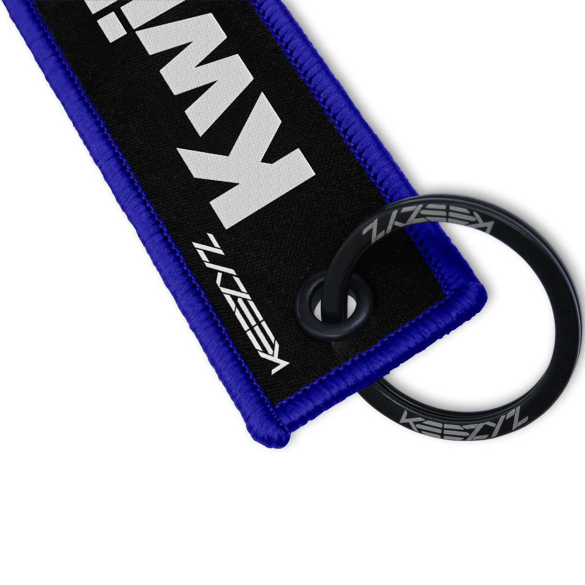 Close-up of the Keezyz Kwikasfuki keychain with Blue border