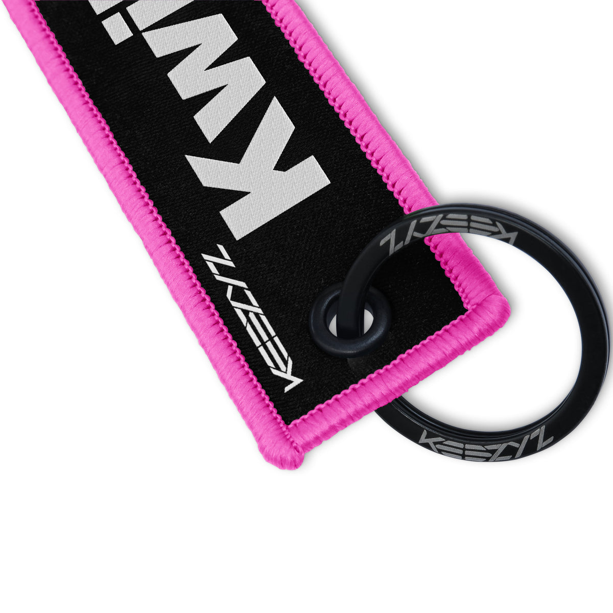 Close-up of the Keezyz Kwikasfuki keychain with Pink border