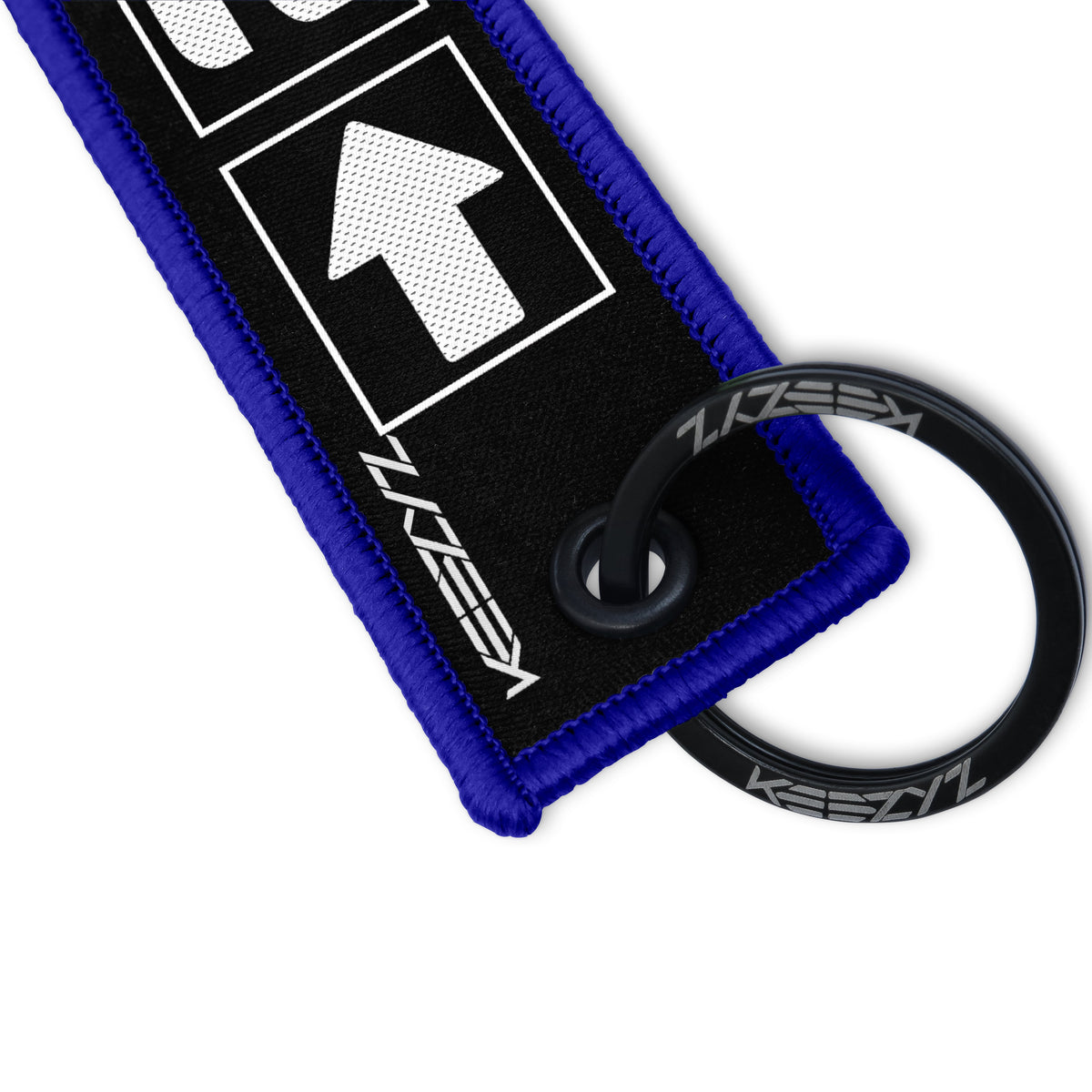 Close-up of the Keezyz Right to Bear Arms keychain with Blue border