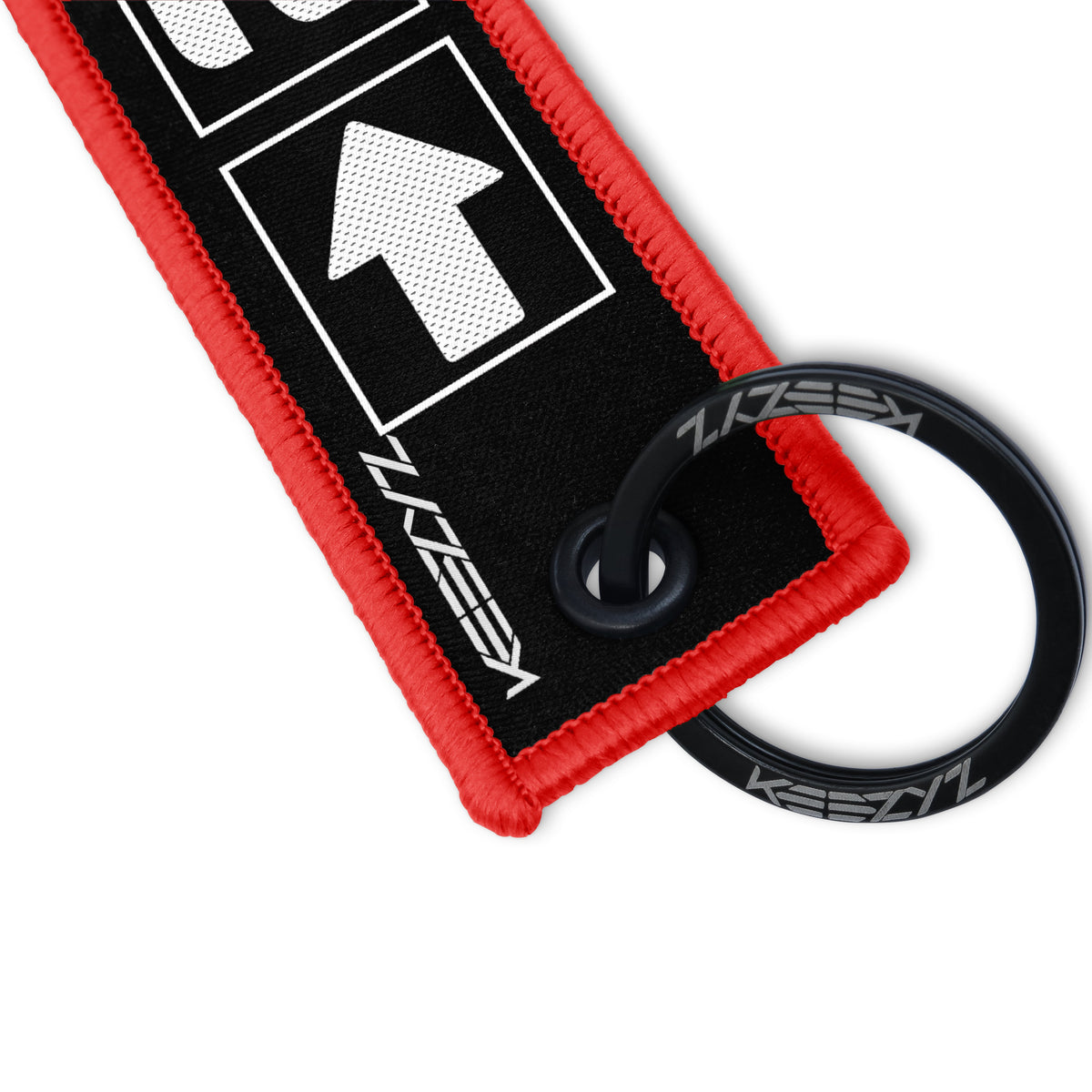 Close-up of the Keezyz Right to Bear Arms keychain with Red border
